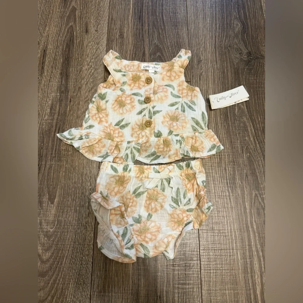 Emily and Oliver Girls Floral 2 Piece Summer Set 6-9 Months Matching NWT